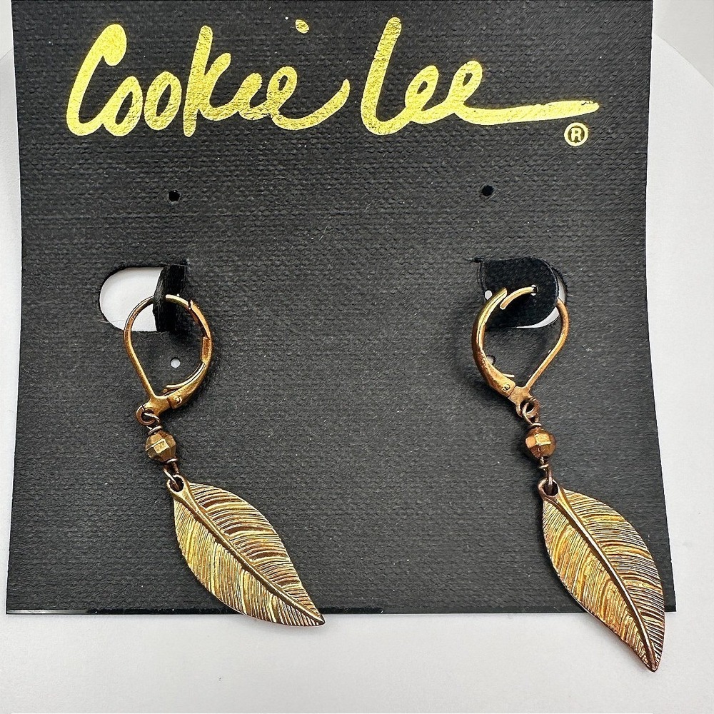 Vintage 90s Cookie Lee Gold Tone Feather Dangle Earrings Boho‎ Style Jewelry